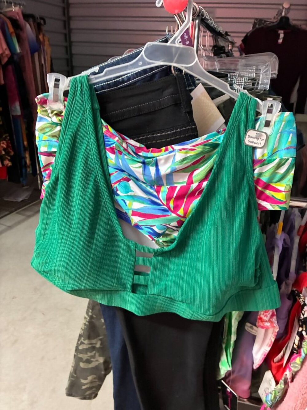 Green & Tropical Print Two-Piece Swimsuit With Boning Support Ribbed Crop Top Hi